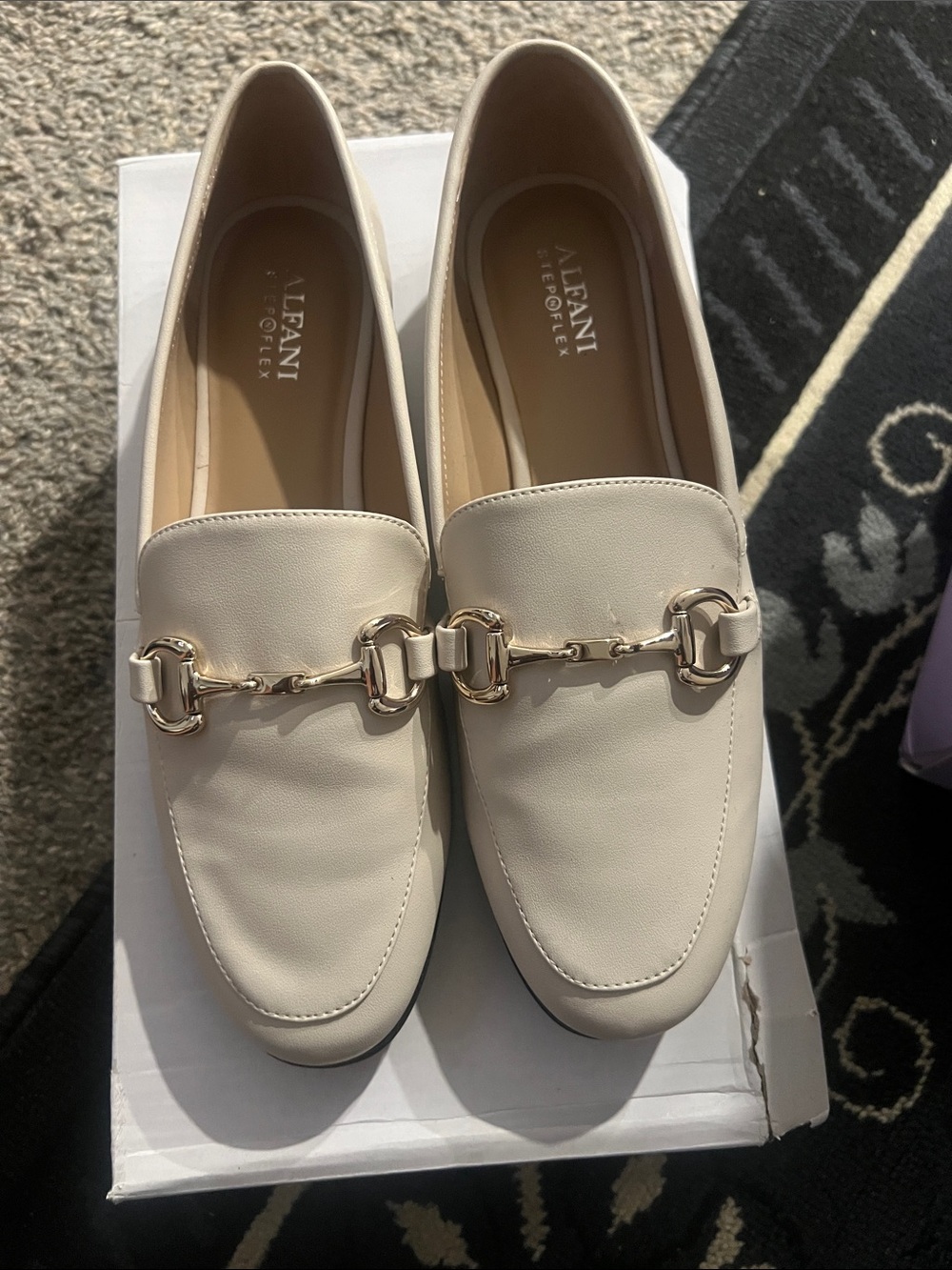 Alfani Cream Leather Loafers with Gold Horsebit